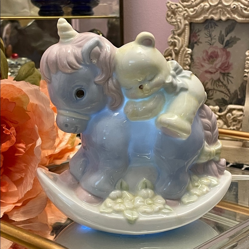 1985 Enesco Ceramic Unicorn and Bear Rocker Figurine Night Light
